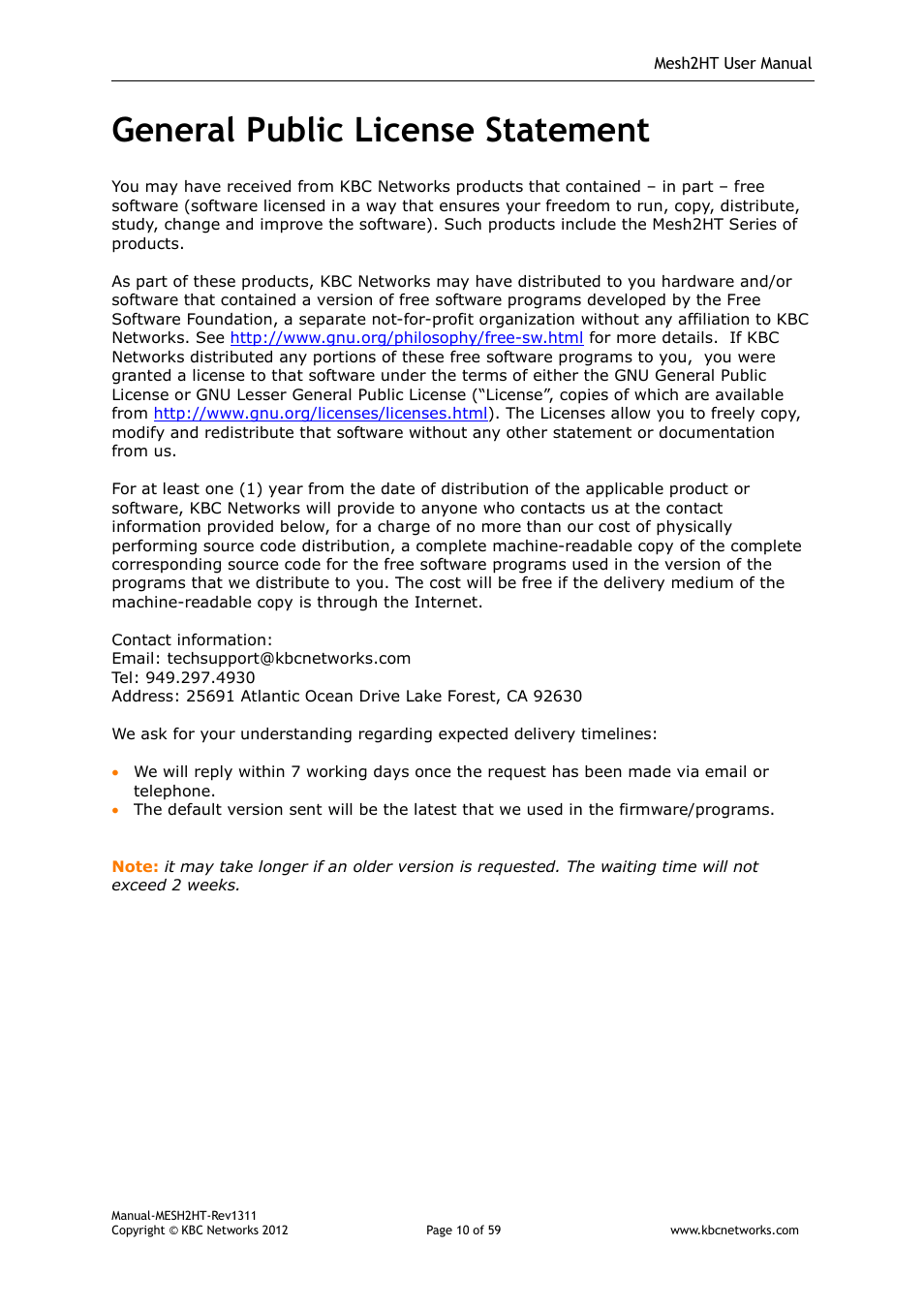 General public license statement | KBC Networks Mesh2HT User Manual | Page 10 / 59