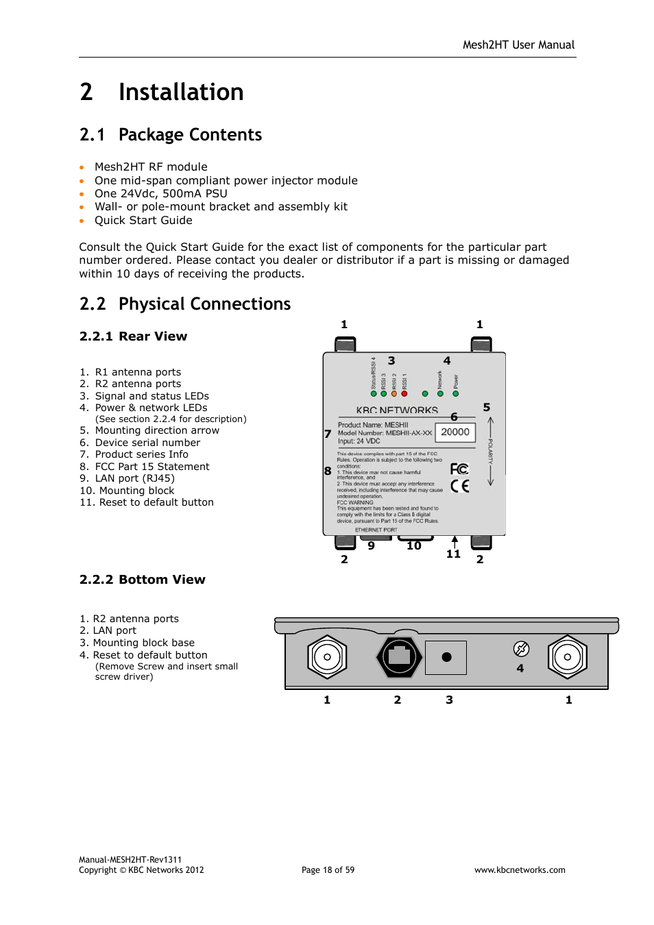 2 installation, 1 package contents, 2 physical connections | KBC Networks Mesh2HT User Manual | Page 18 / 59