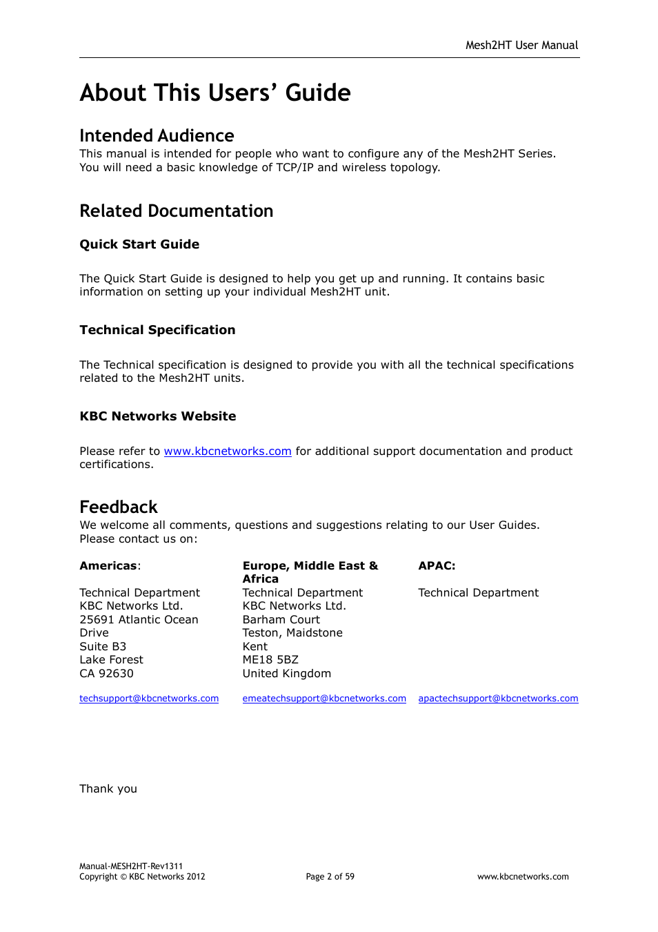 About this users’ guide, Intended audience, Related documentation | Feedback | KBC Networks Mesh2HT User Manual | Page 2 / 59