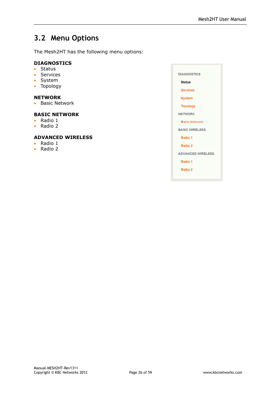 2 menu options | KBC Networks Mesh2HT User Manual | Page 26 / 59