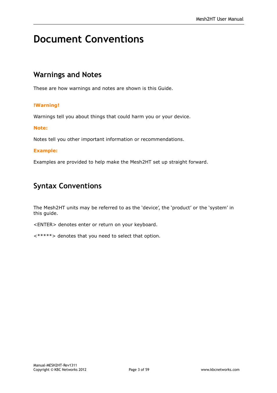 Document conventions, Syntax conventions | KBC Networks Mesh2HT User Manual | Page 3 / 59