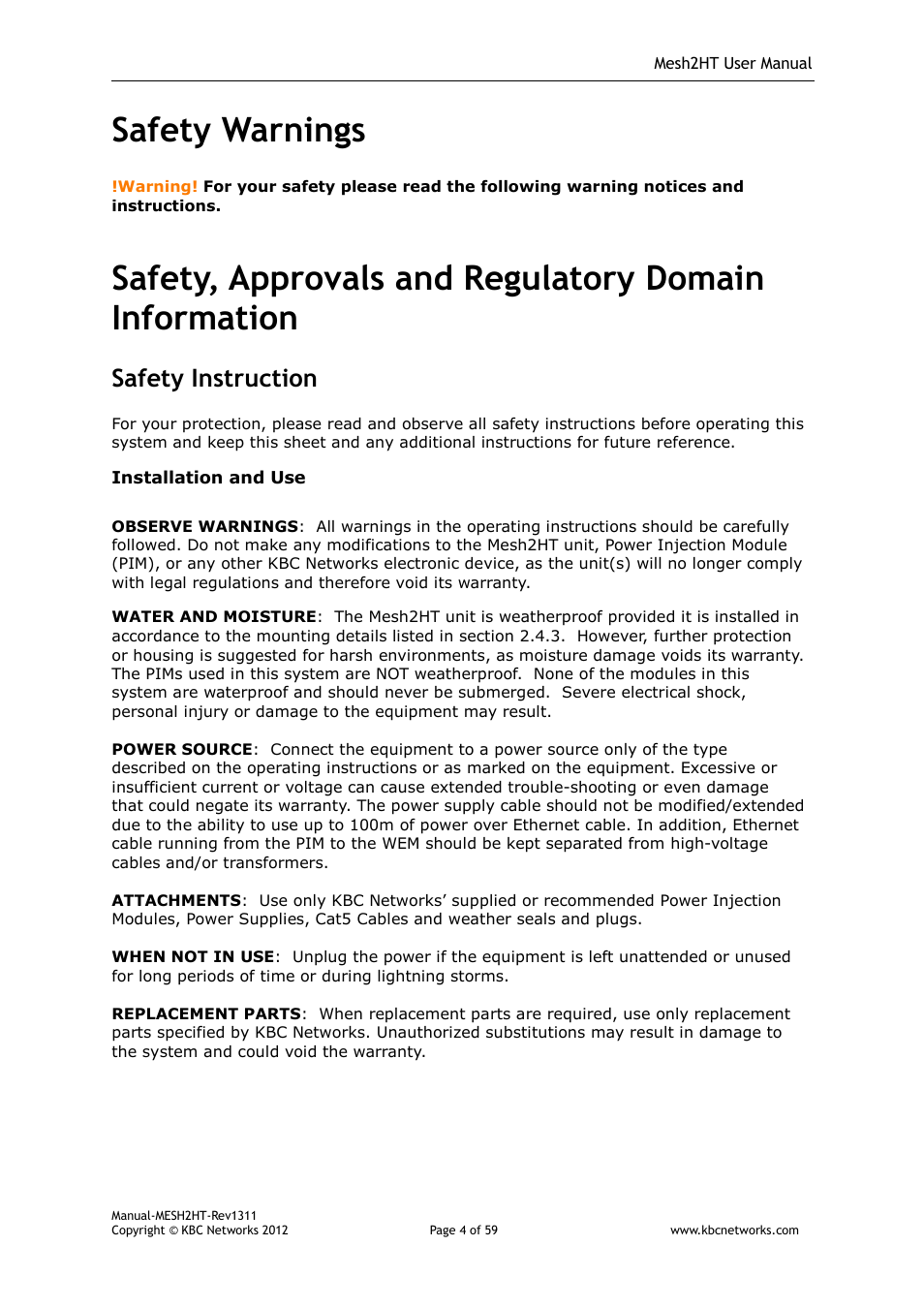 Safety warnings, Safety instruction | KBC Networks Mesh2HT User Manual | Page 4 / 59