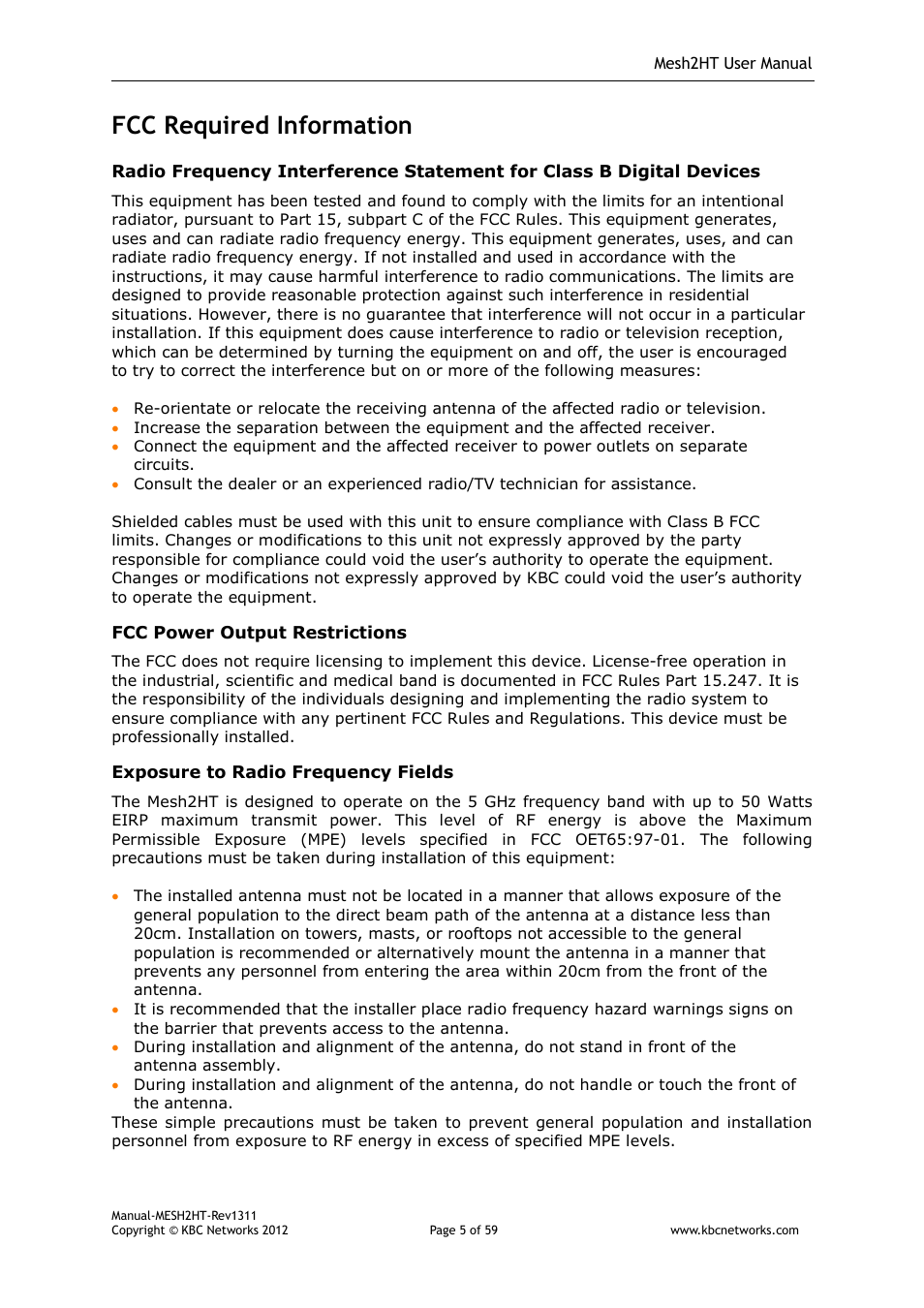 Fcc required information | KBC Networks Mesh2HT User Manual | Page 5 / 59