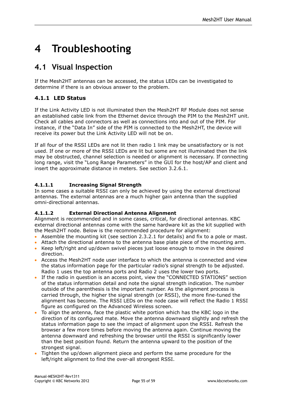 4 troubleshooting, 1 visual inspection | KBC Networks Mesh2HT User Manual | Page 55 / 59