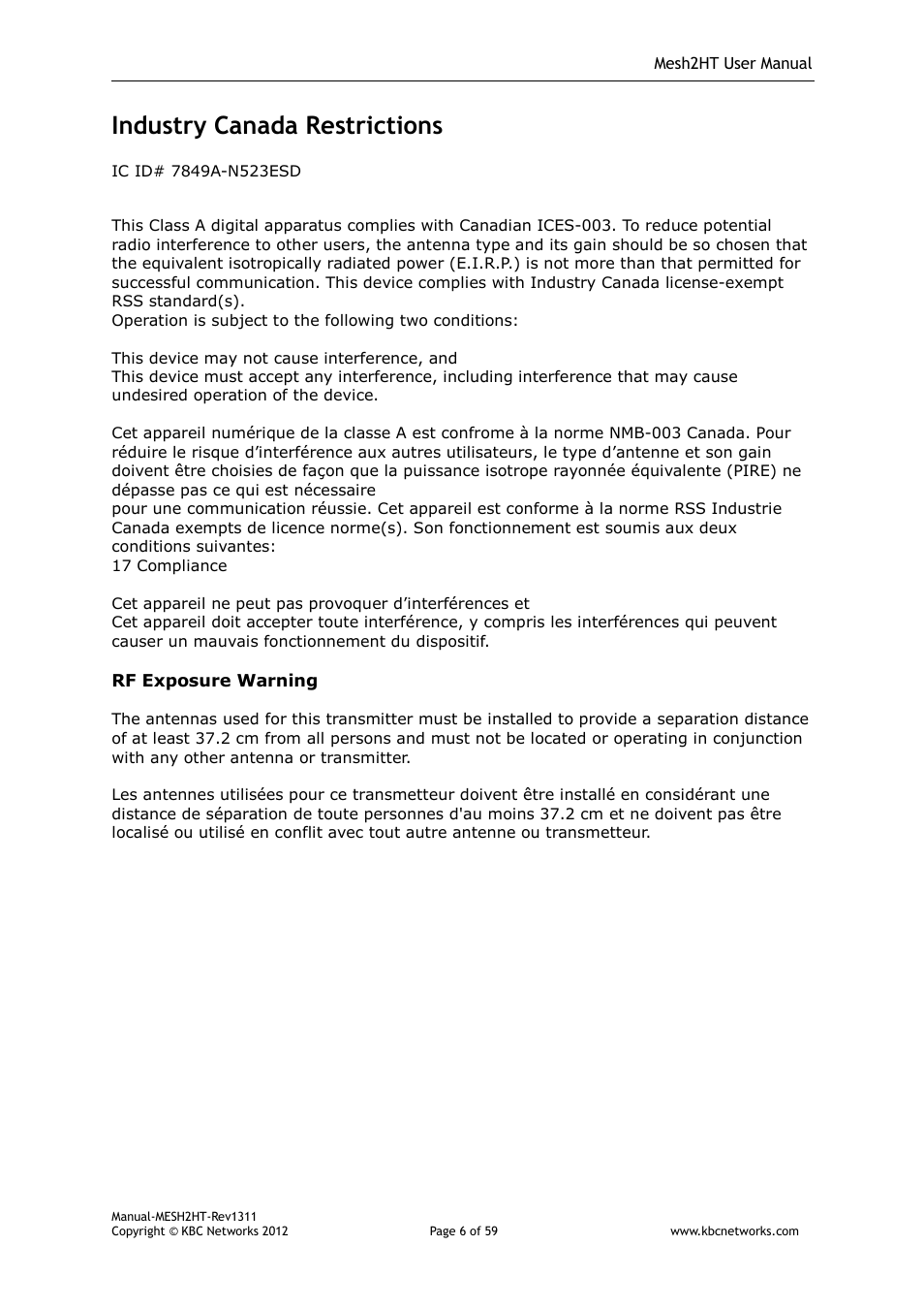 Industry canada restrictions | KBC Networks Mesh2HT User Manual | Page 6 / 59