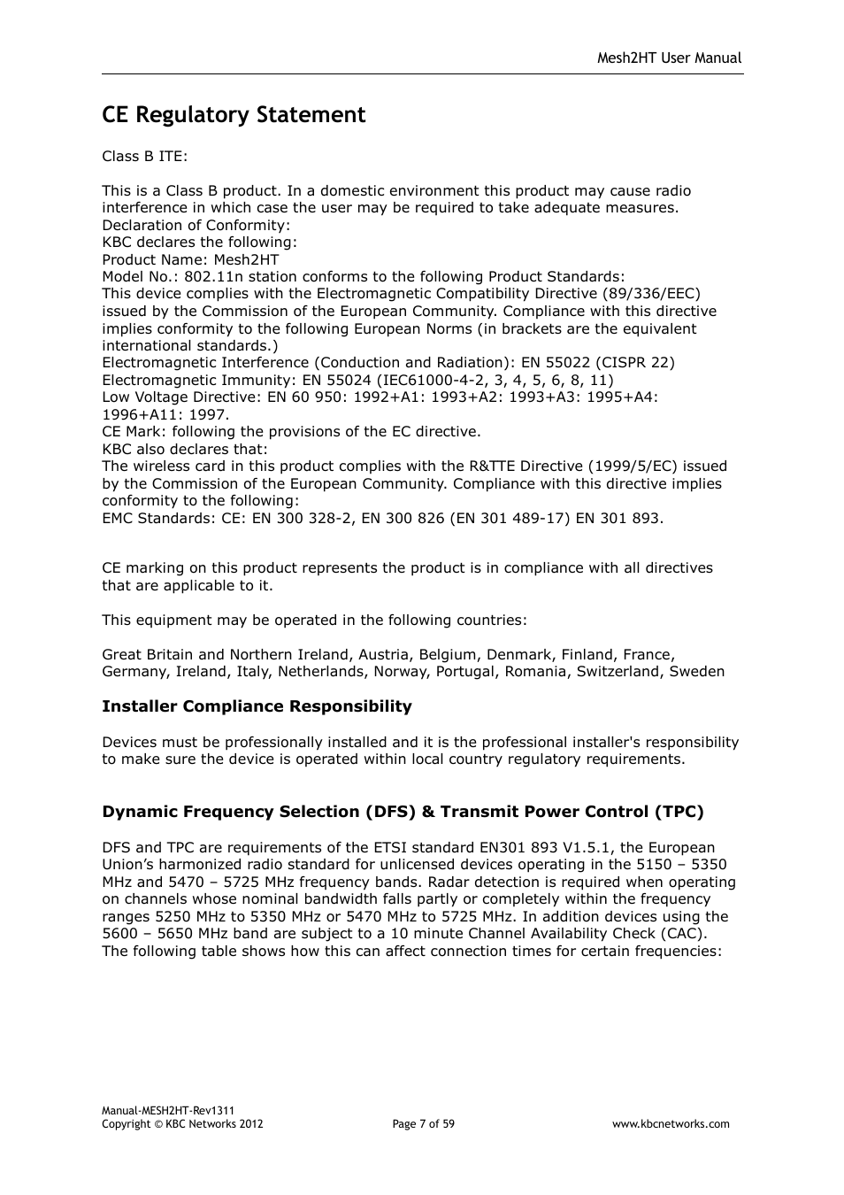 Ce regulatory statement | KBC Networks Mesh2HT User Manual | Page 7 / 59