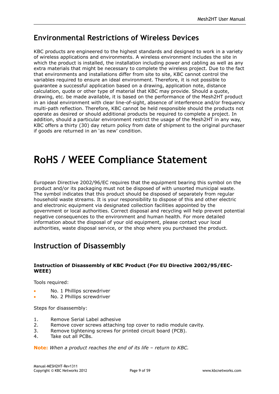 Rohs / weee compliance statement, Environmental restrictions of wireless devices, Instruction of disassembly | KBC Networks Mesh2HT User Manual | Page 9 / 59