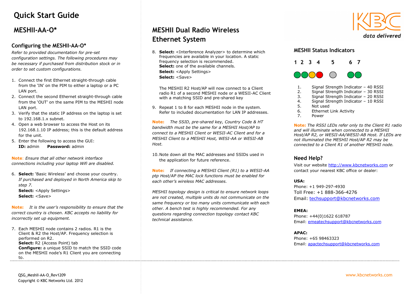 Quick start guide, Meshii-aa-o, Meshii dual radio wireless ethernet system | KBC Networks MeshII User Manual | Page 2 / 2