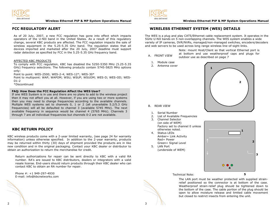 Fcc regulatory alert, Kbc return policy, Wireless ethernet system (wes) details | KBC Networks WES User Manual | Page 6 / 18