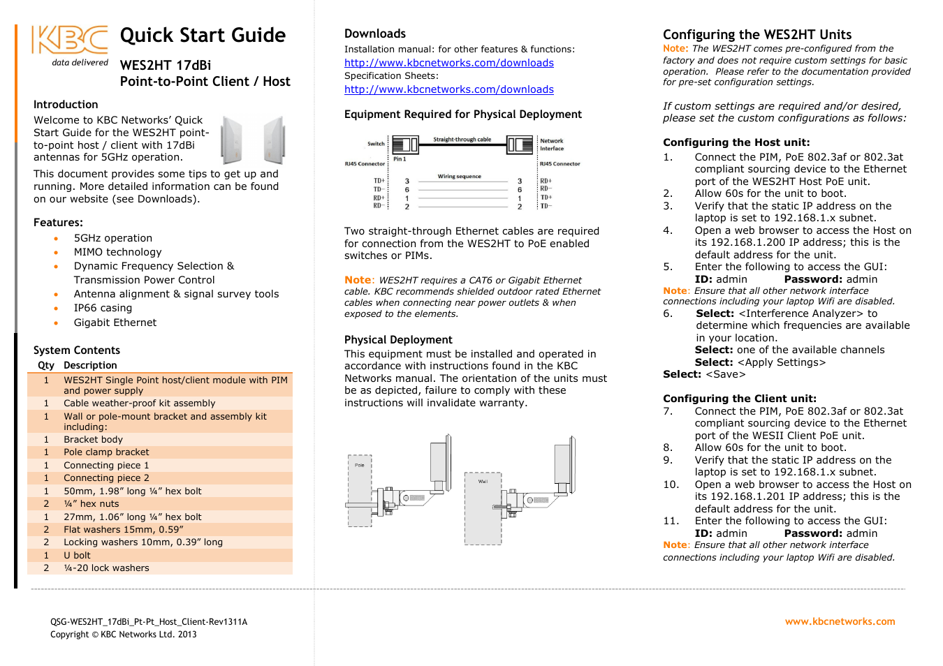 KBC Networks WES2HT 17dBi Point-to-Point Client / Host 5GHz User Manual | 2 pages