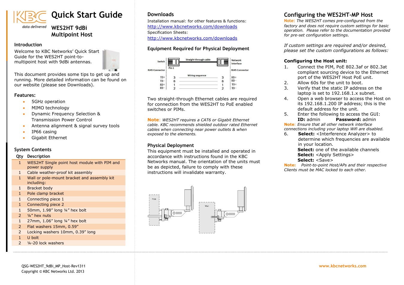 KBC Networks WES2HT 9dBi Multipoint Host User Manual | 2 pages