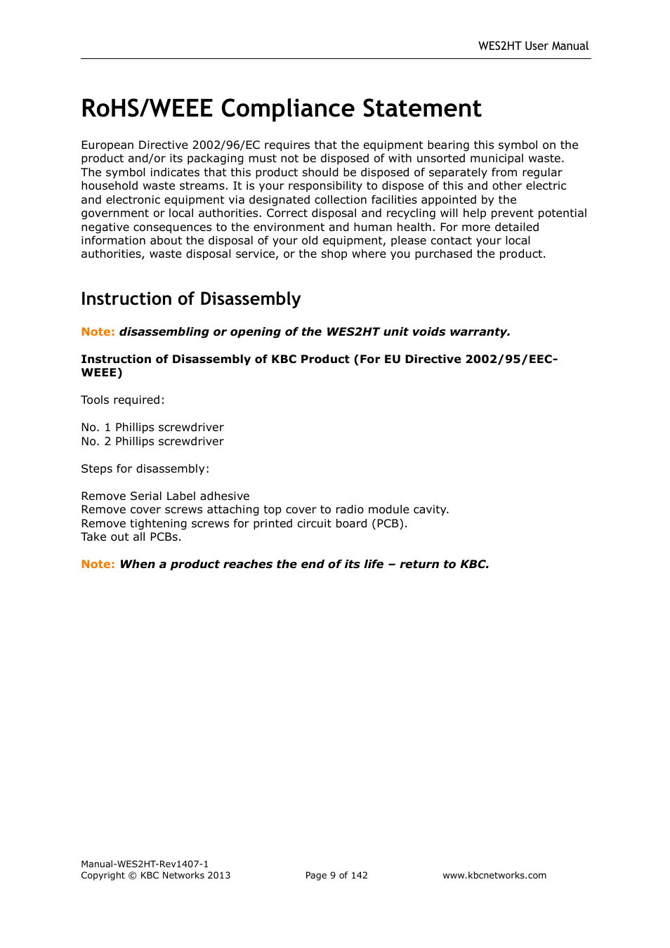 Rohs/weee compliance statement, Instruction of disassembly | KBC Networks WES2HT User Manual | Page 10 / 142