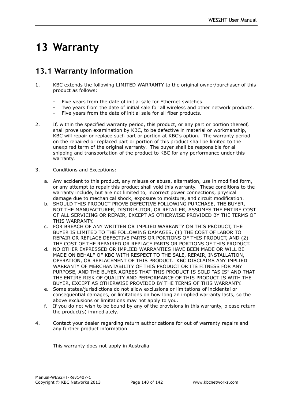 13 warranty, 1 warranty information | KBC Networks WES2HT User Manual | Page 141 / 142