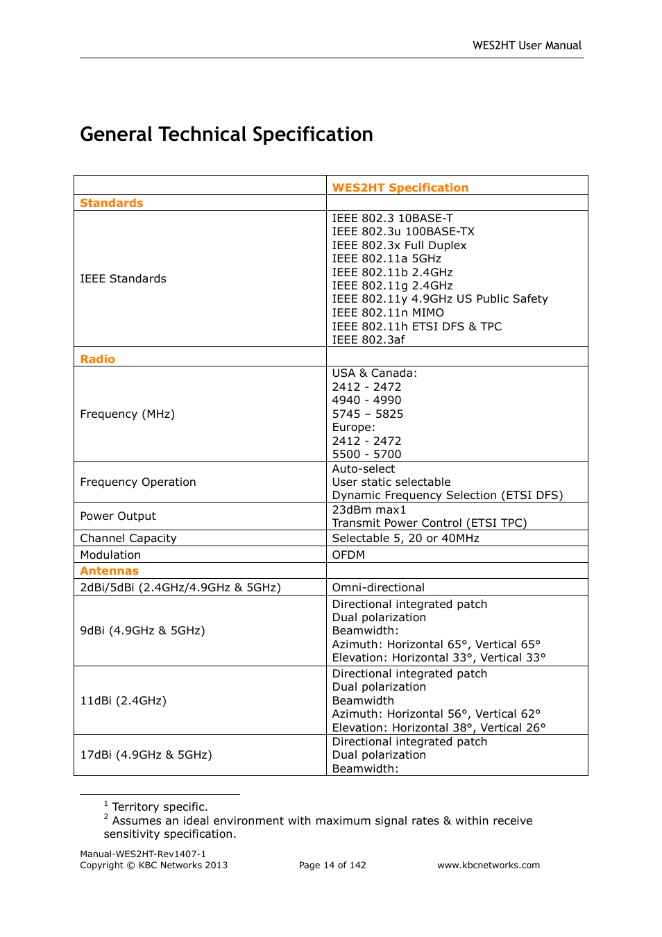 General technical specification | KBC Networks WES2HT User Manual | Page 15 / 142