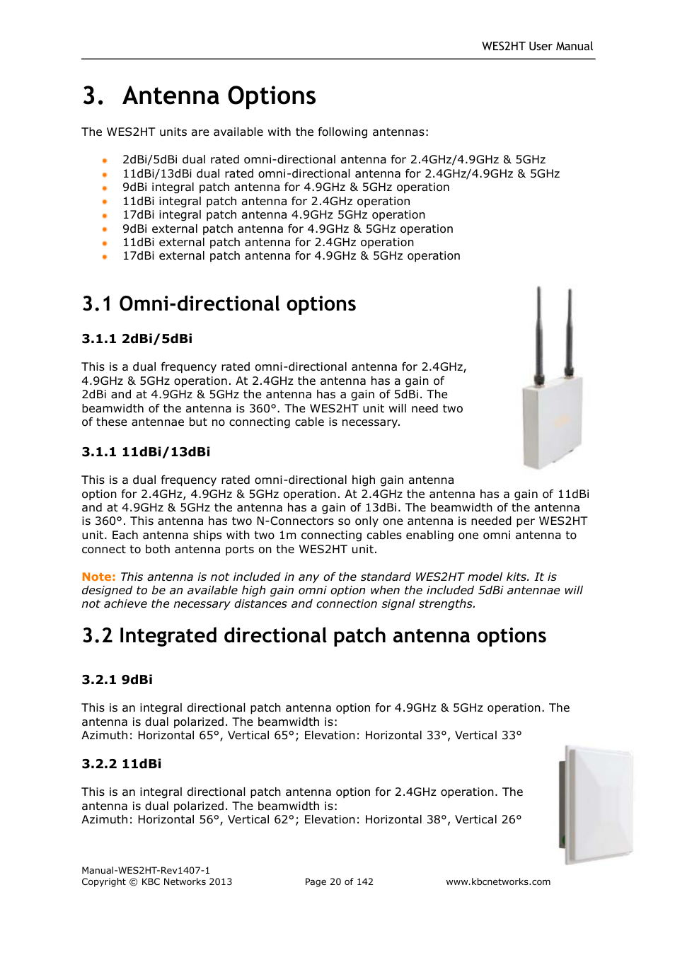 Antenna options, 1 omni-directional options, 2 integrated directional patch antenna options | KBC Networks WES2HT User Manual | Page 21 / 142