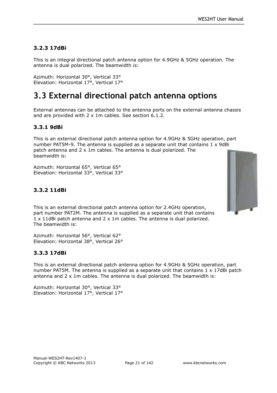 3 external directional patch antenna options | KBC Networks WES2HT User Manual | Page 22 / 142