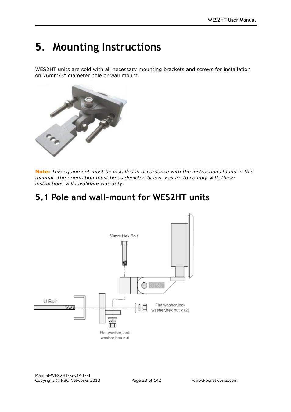 Mounting instructions, 1 pole and wall-mount for wes2ht units | KBC Networks WES2HT User Manual | Page 24 / 142