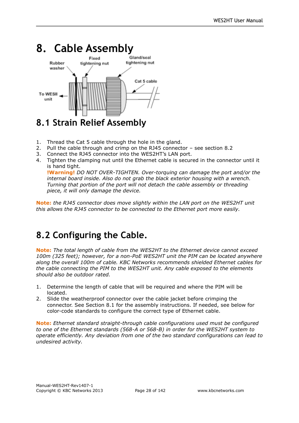 Cable assembly, 1 strain relief assembly, 2 configuring the cable | KBC Networks WES2HT User Manual | Page 29 / 142