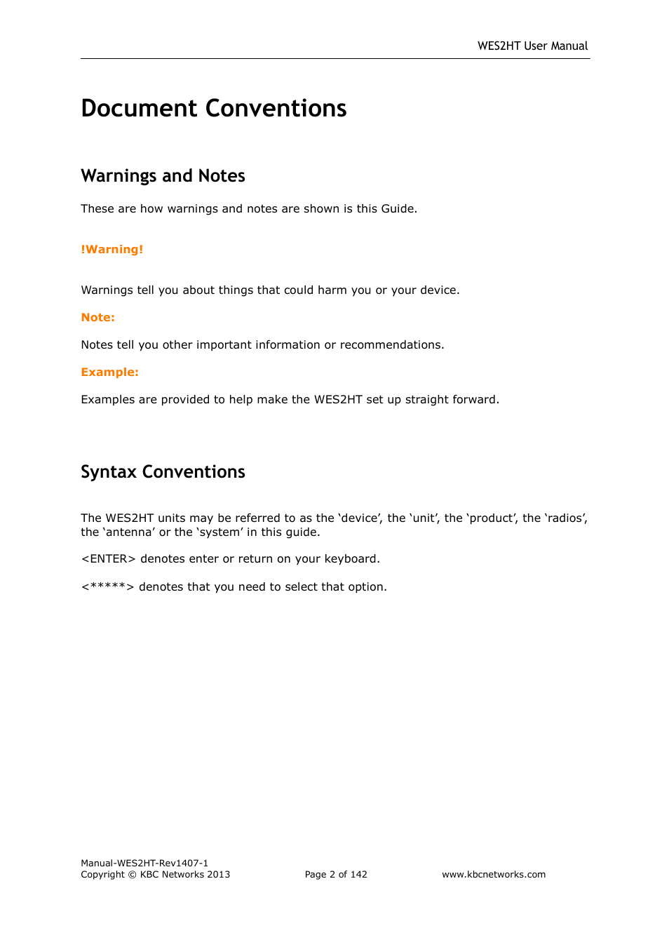 Document conventions, Syntax conventions | KBC Networks WES2HT User Manual | Page 3 / 142