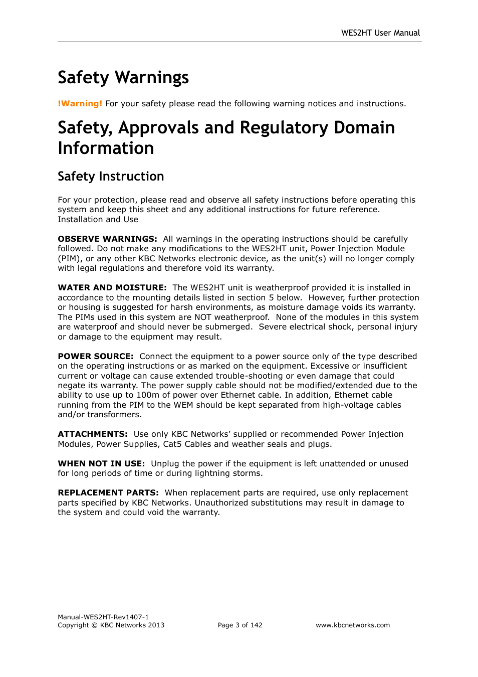 Safety warnings, Safety instruction | KBC Networks WES2HT User Manual | Page 4 / 142