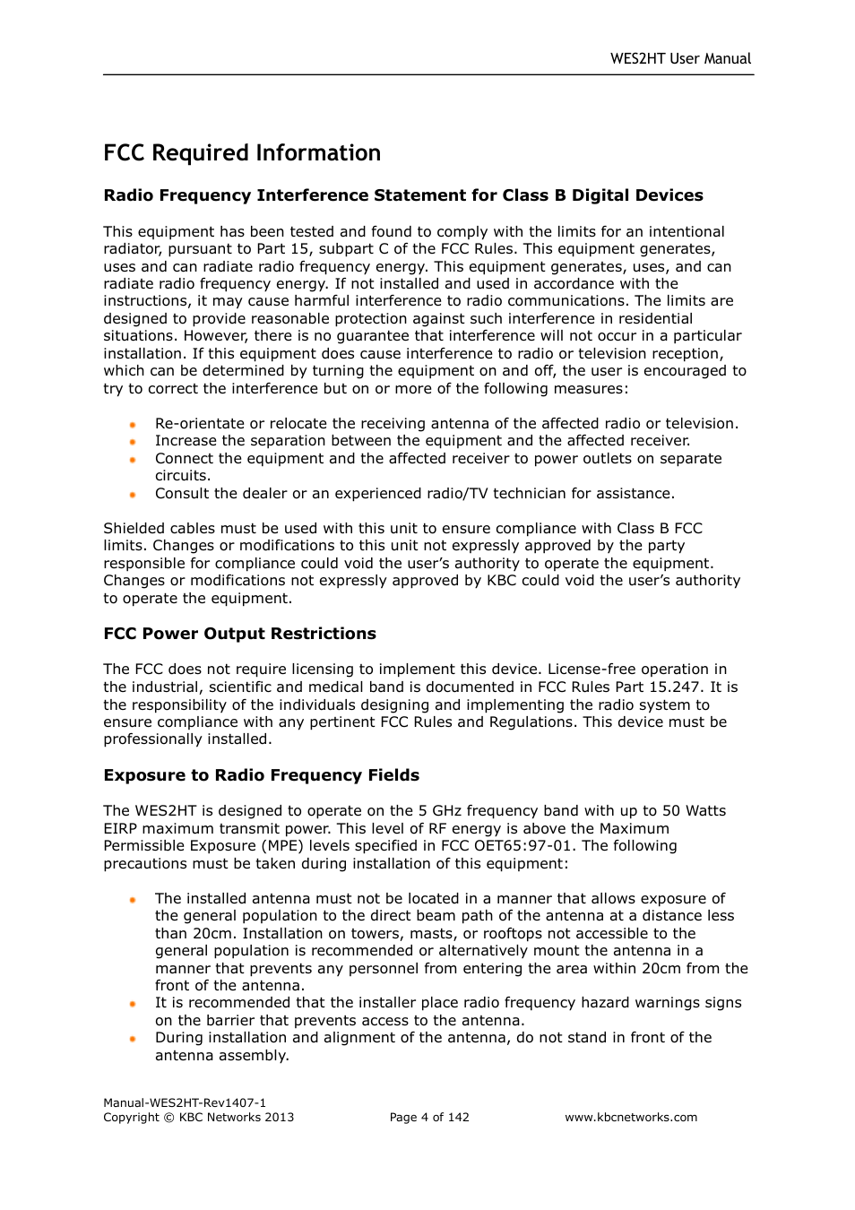 Fcc required information | KBC Networks WES2HT User Manual | Page 5 / 142