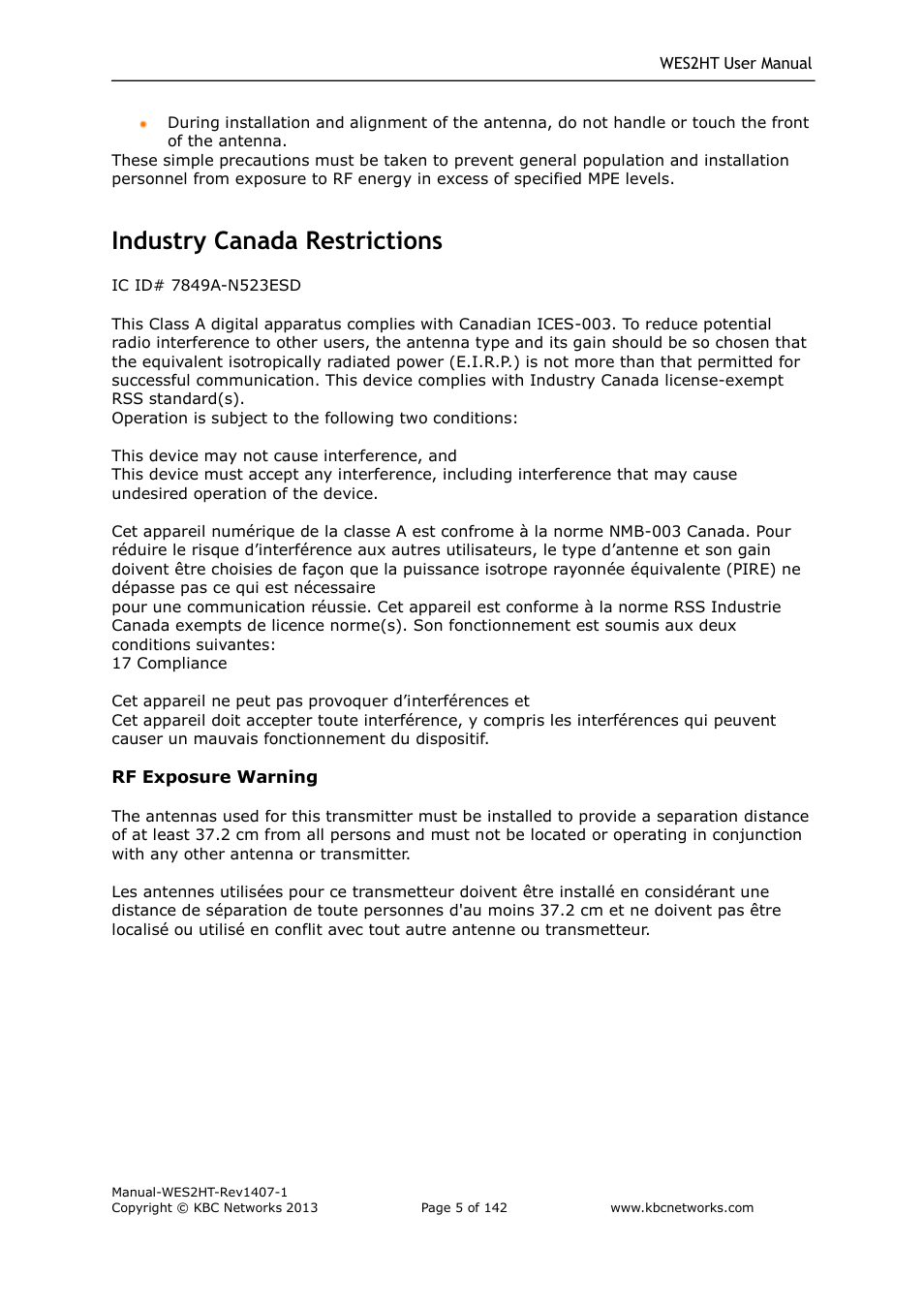 Industry canada restrictions | KBC Networks WES2HT User Manual | Page 6 / 142