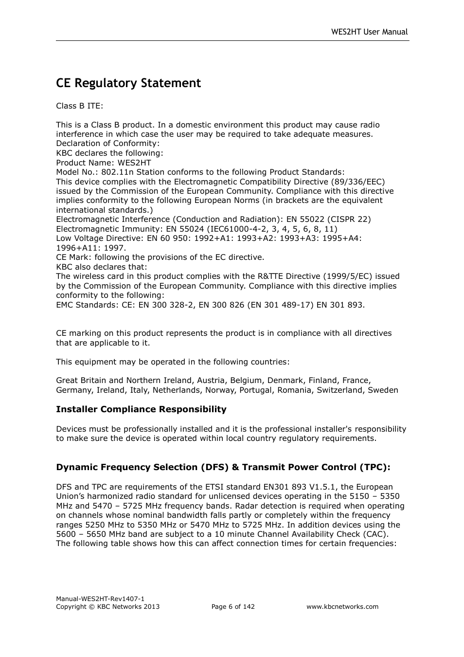 Ce regulatory statement | KBC Networks WES2HT User Manual | Page 7 / 142