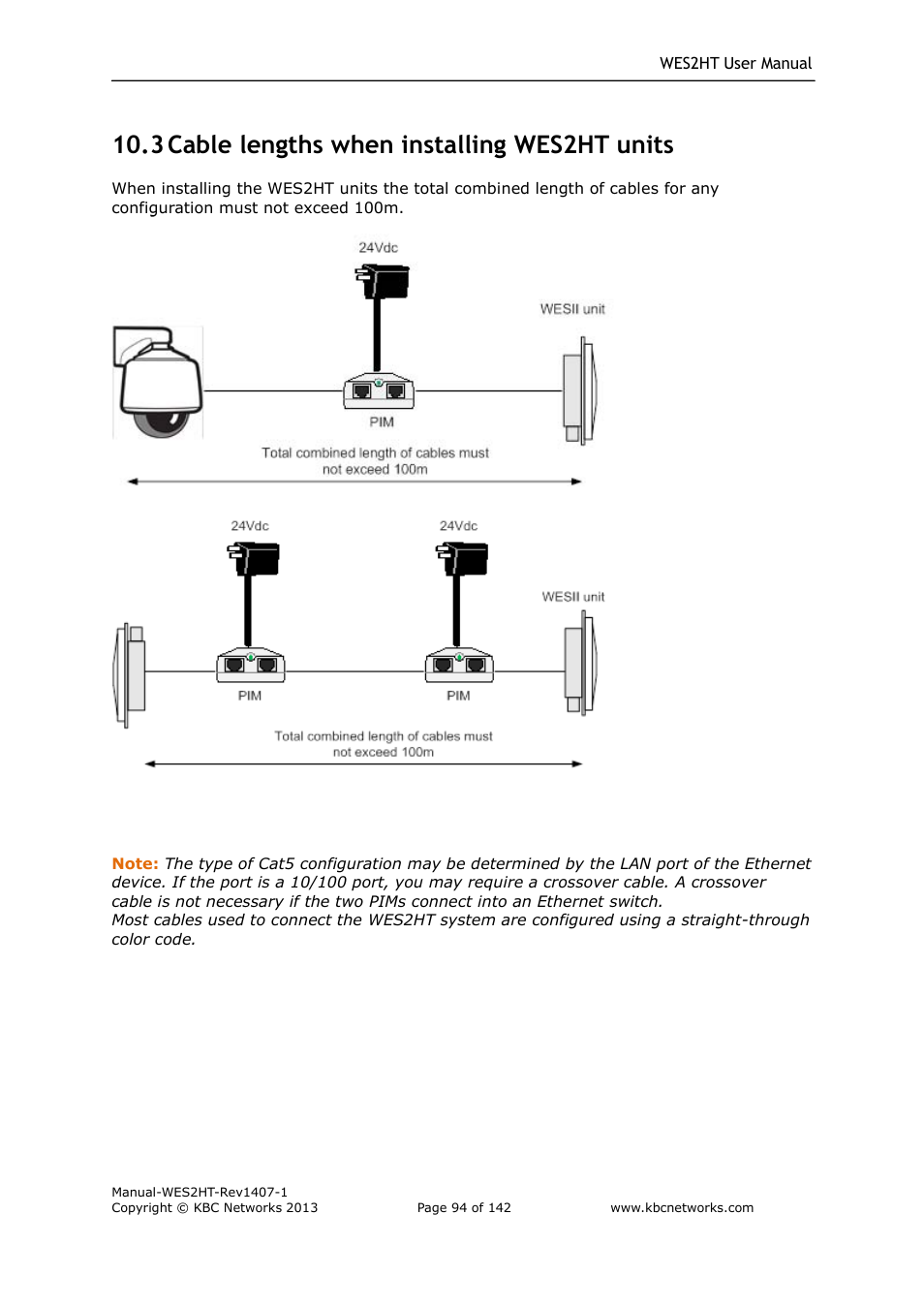 3 cable lengths when installing wes2ht units | KBC Networks WES2HT User Manual | Page 95 / 142