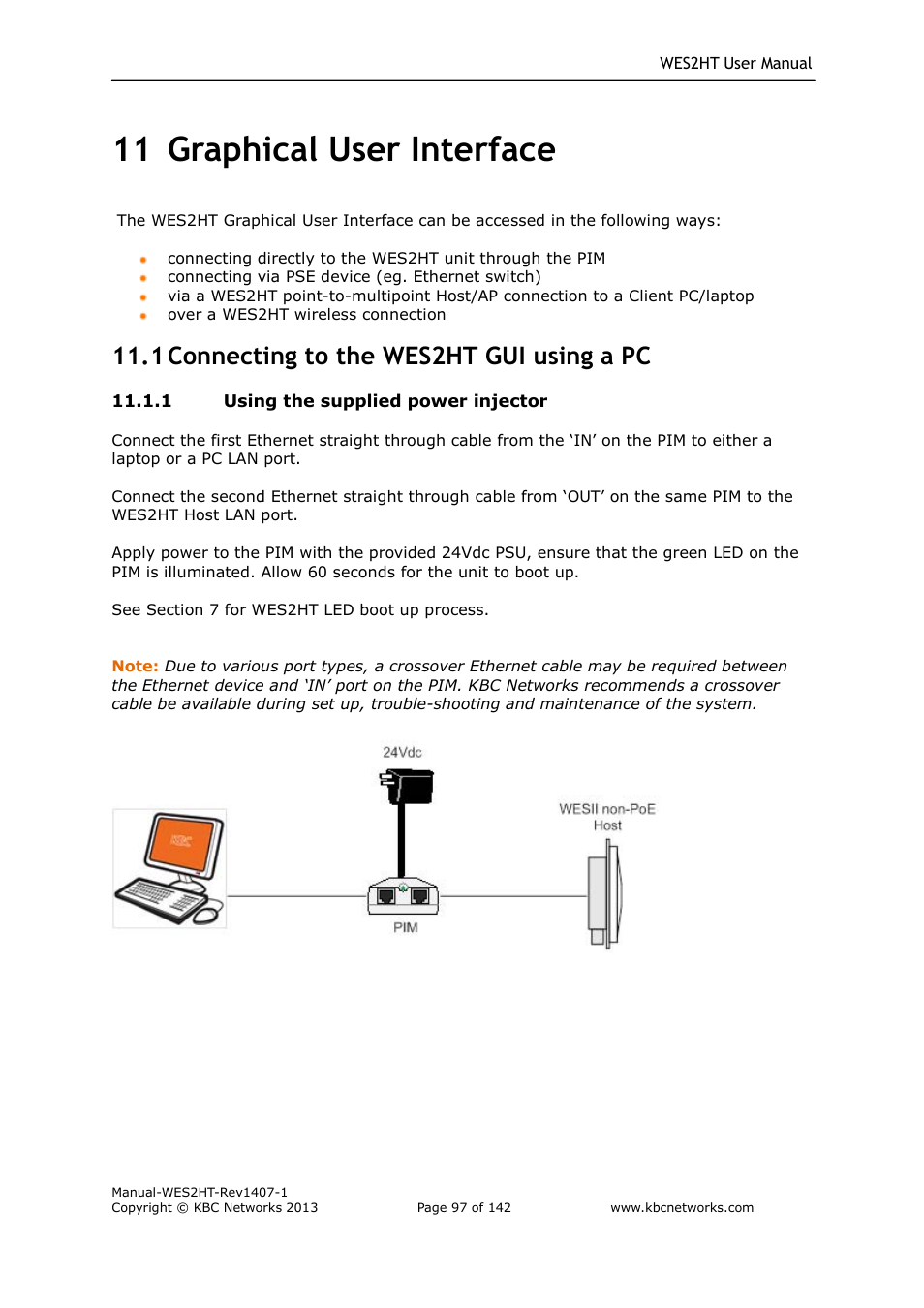 11 graphical user interface, 1 connecting to the wes2ht gui using a pc | KBC Networks WES2HT User Manual | Page 98 / 142