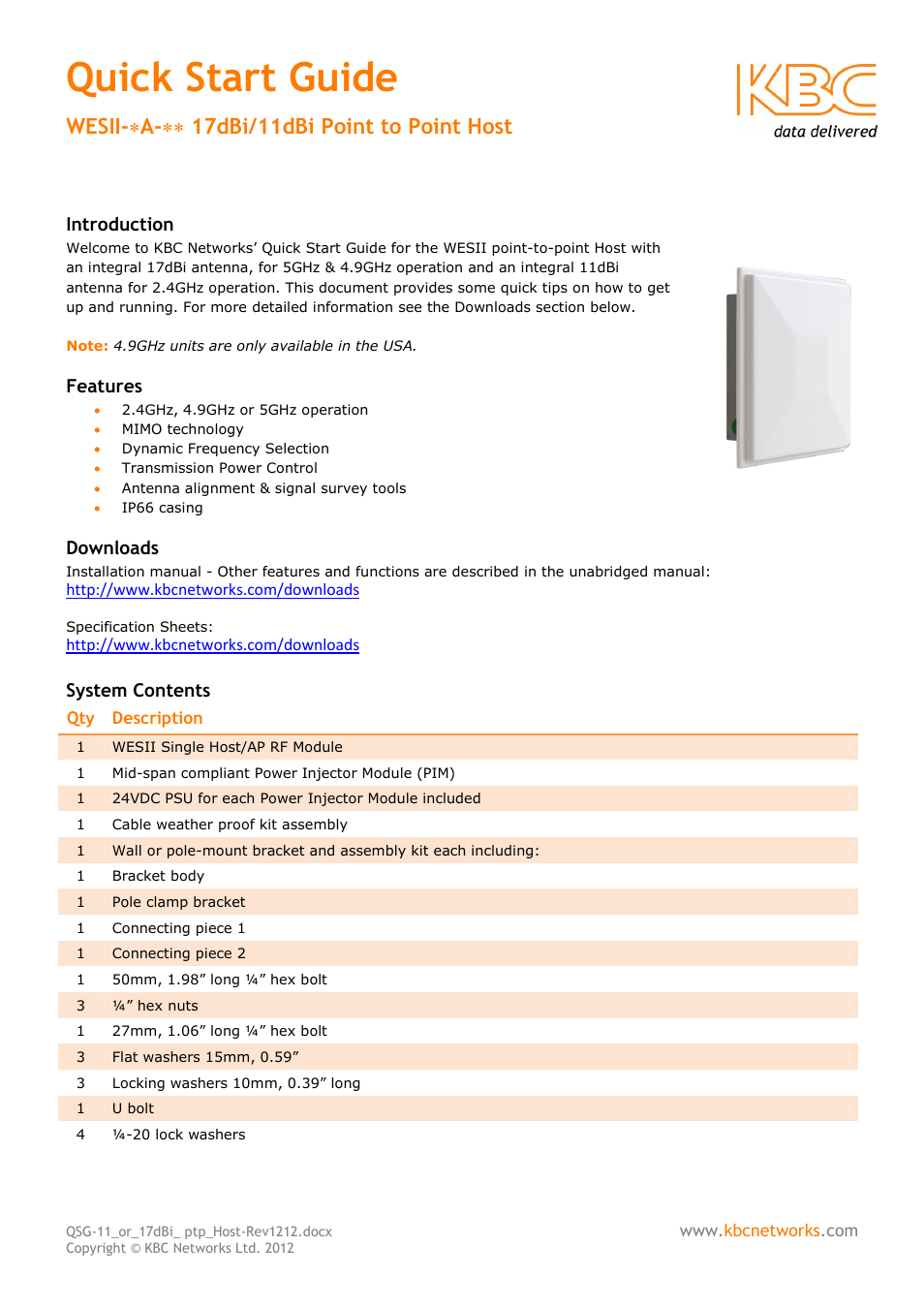 KBC Networks WESII 11/17dBi Point-to-Point Host User Manual | 5 pages