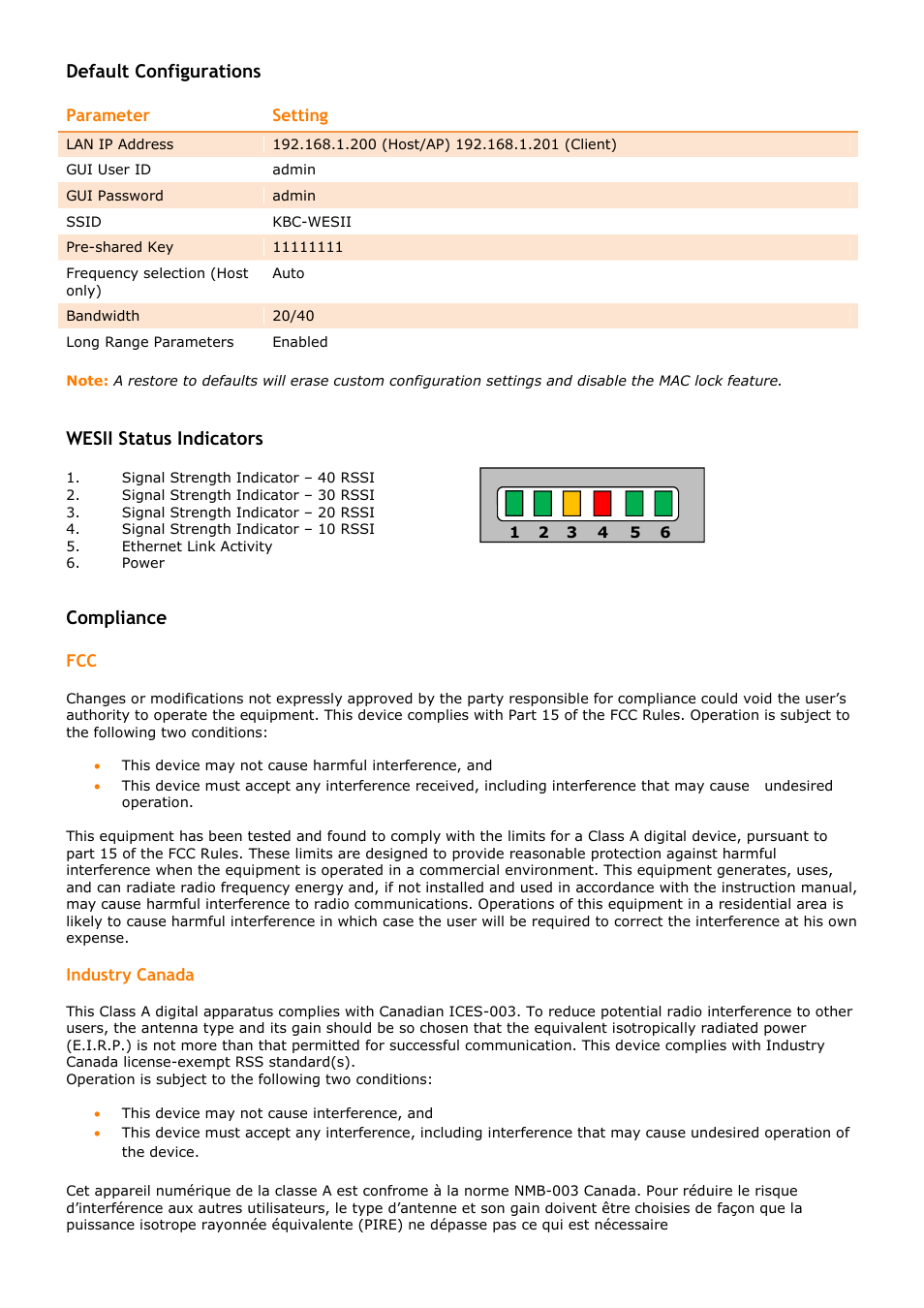Default configurations, Wesii status indicators, Compliance | KBC Networks WESII 11/17dBi Point-to-Point Host User Manual | Page 4 / 5
