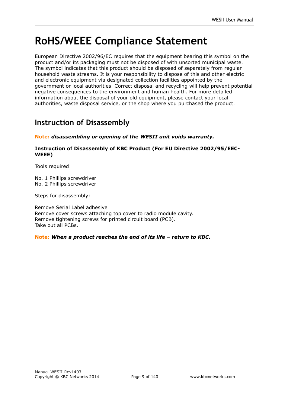 Rohs/weee compliance statement, Instruction of disassembly | KBC Networks WESII User Manual | Page 10 / 141