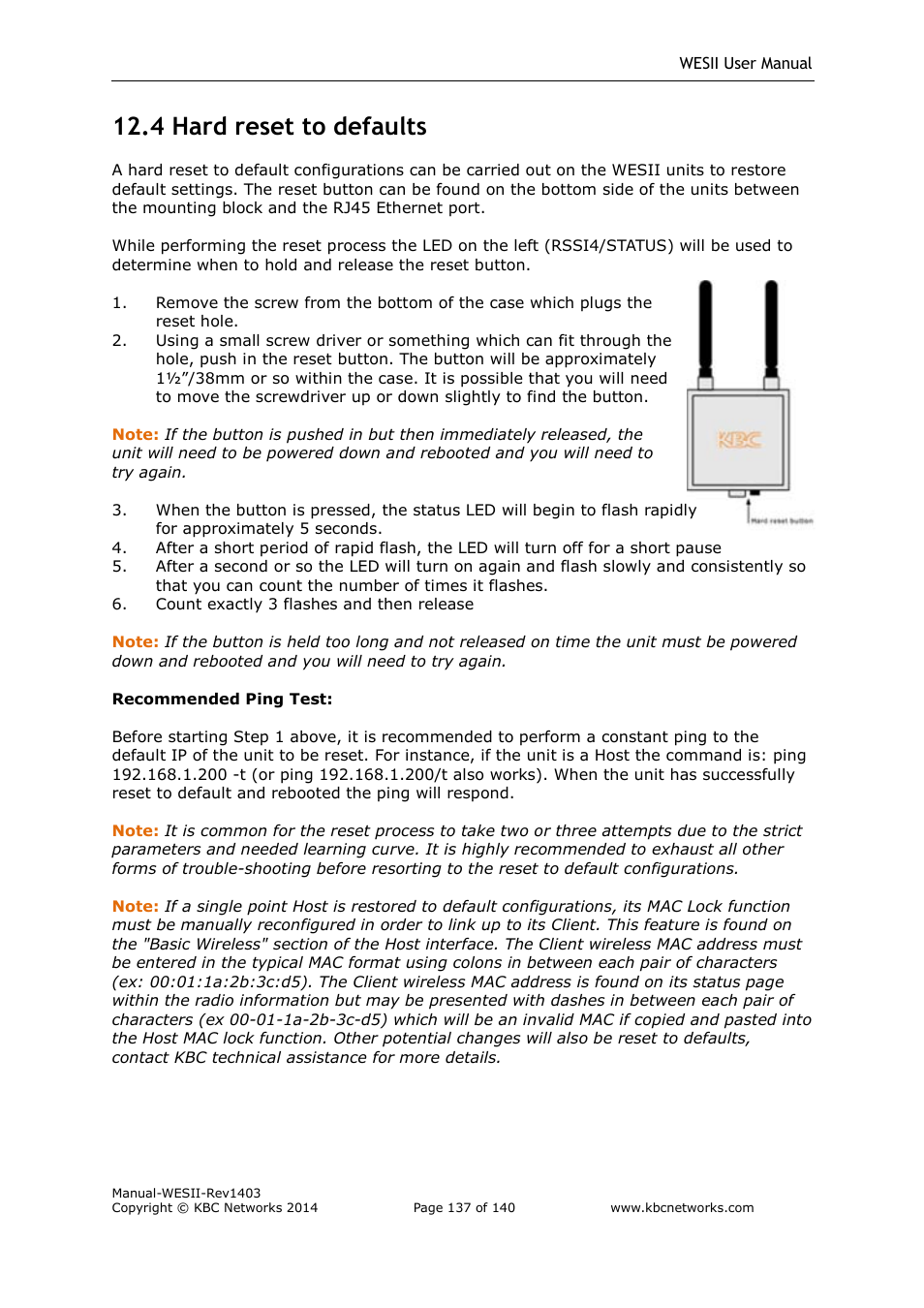 4 hard reset to defaults | KBC Networks WESII User Manual | Page 138 / 141