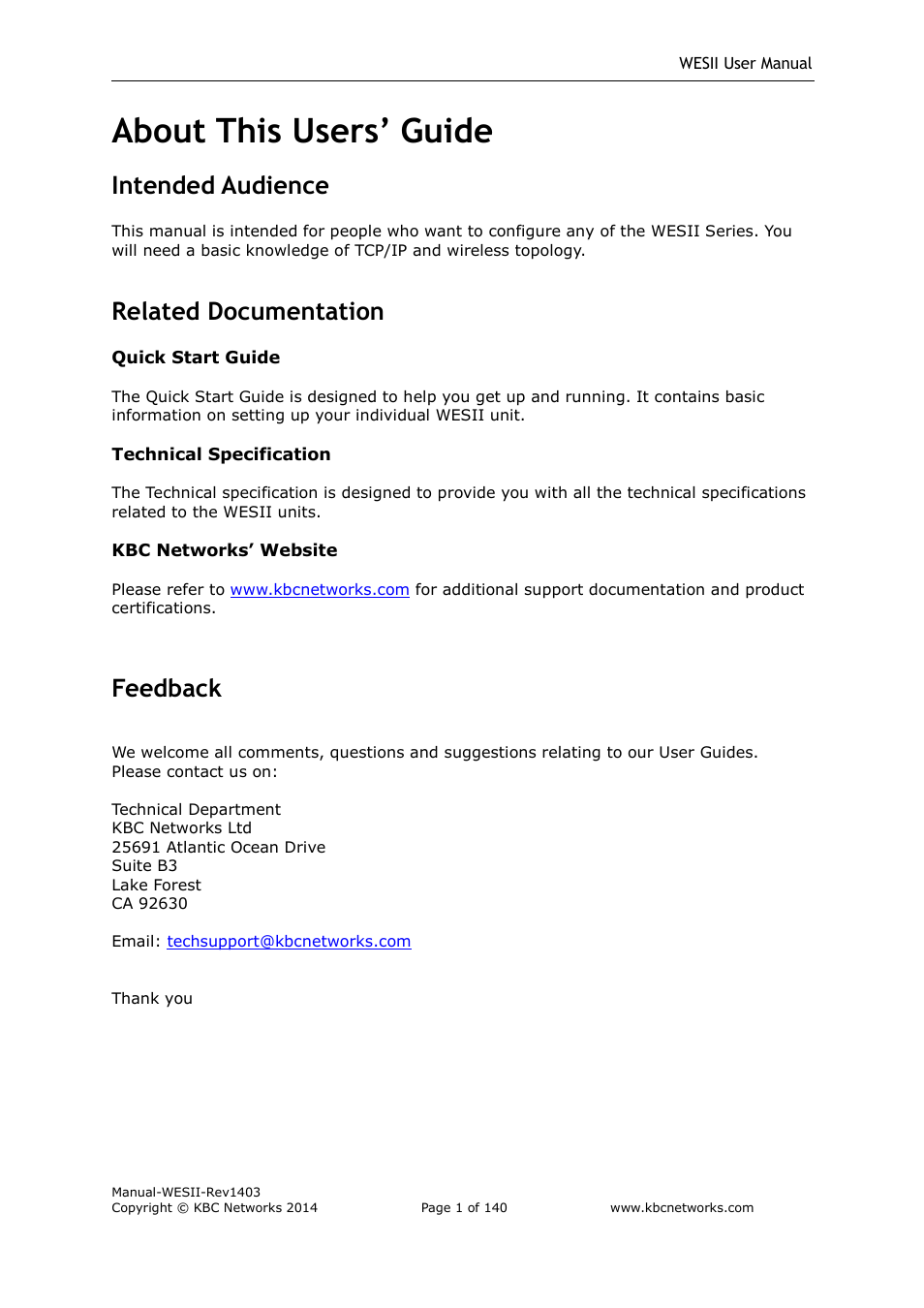 About this users’ guide, Intended audience, Related documentation | Feedback | KBC Networks WESII User Manual | Page 2 / 141