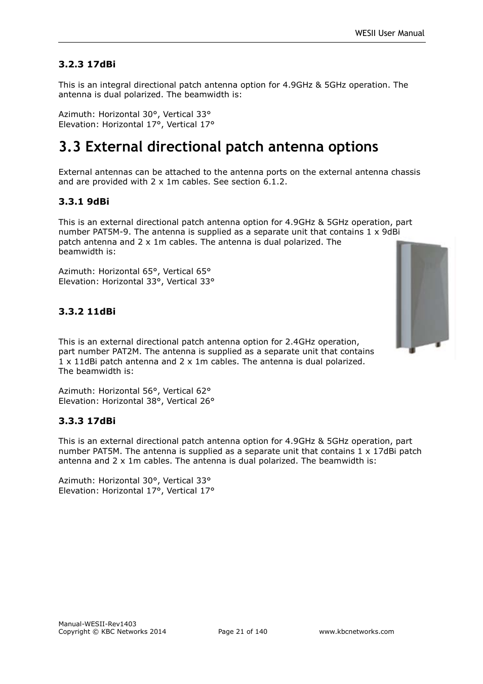 3 external directional patch antenna options | KBC Networks WESII User Manual | Page 22 / 141