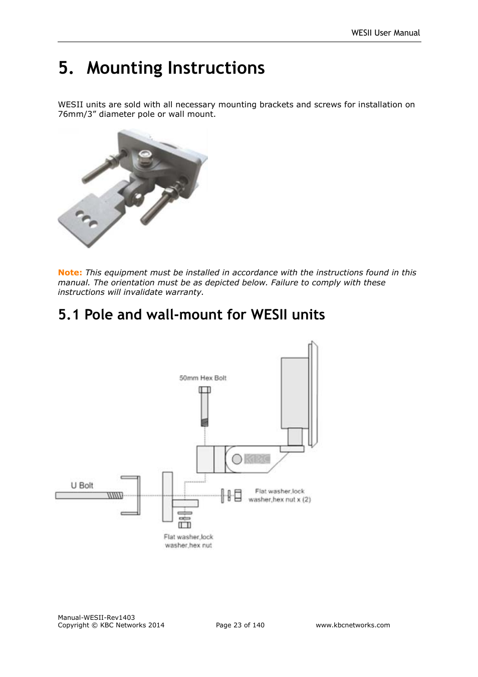 Mounting instructions, 1 pole and wall-mount for wesii units | KBC Networks WESII User Manual | Page 24 / 141