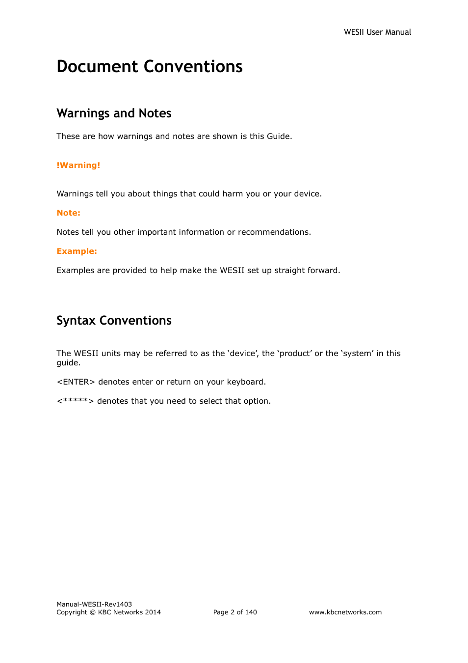 Document conventions, Syntax conventions | KBC Networks WESII User Manual | Page 3 / 141