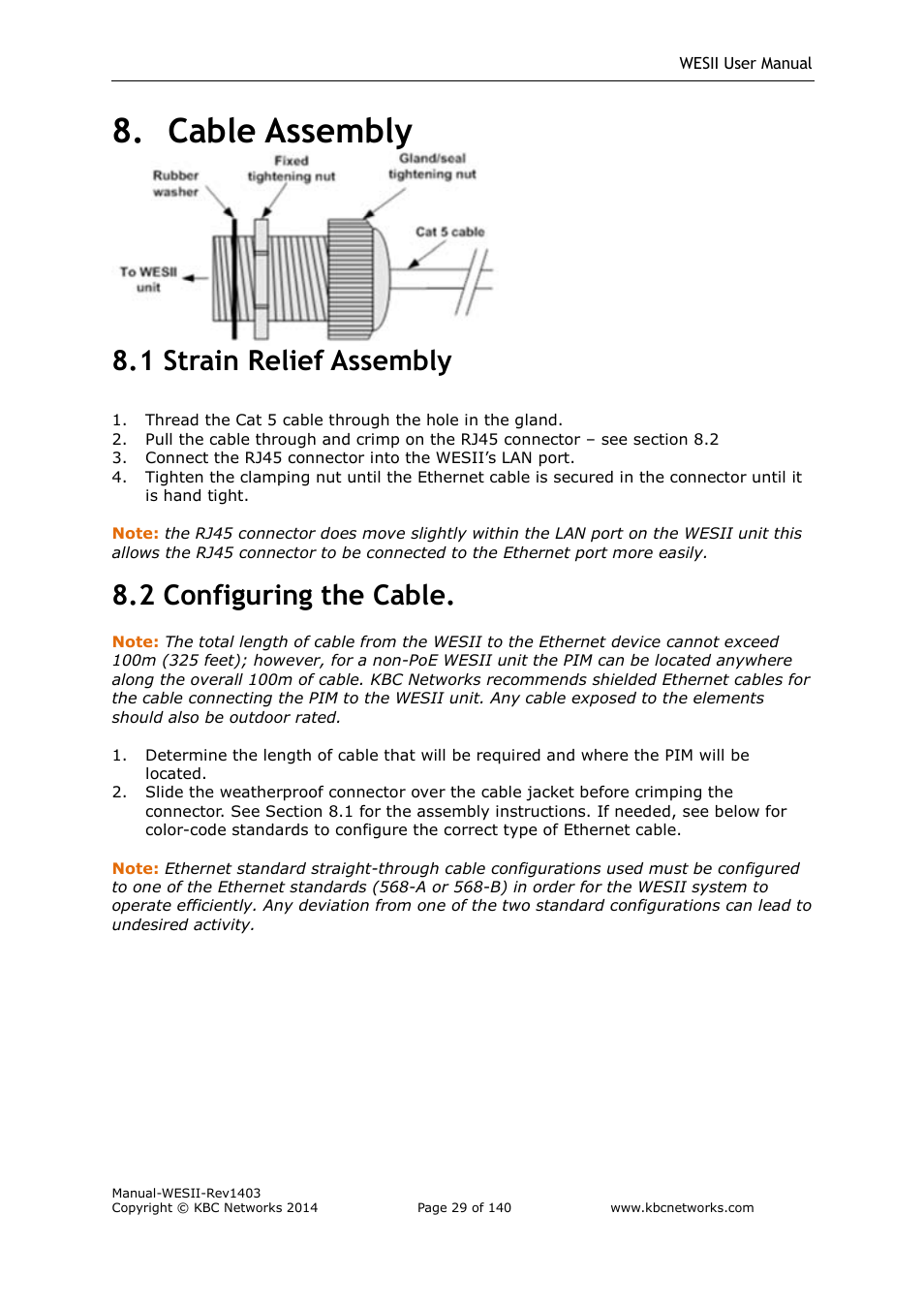 Cable assembly, 1 strain relief assembly, 2 configuring the cable | KBC Networks WESII User Manual | Page 30 / 141