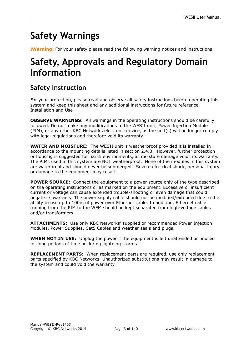 Safety warnings, Safety instruction | KBC Networks WESII User Manual | Page 4 / 141