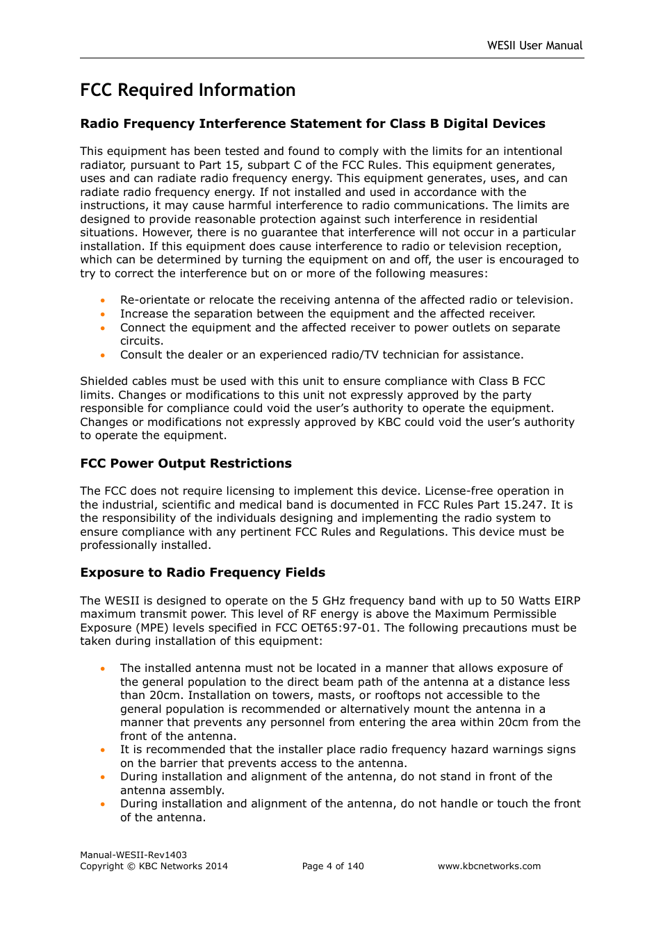 Fcc required information | KBC Networks WESII User Manual | Page 5 / 141