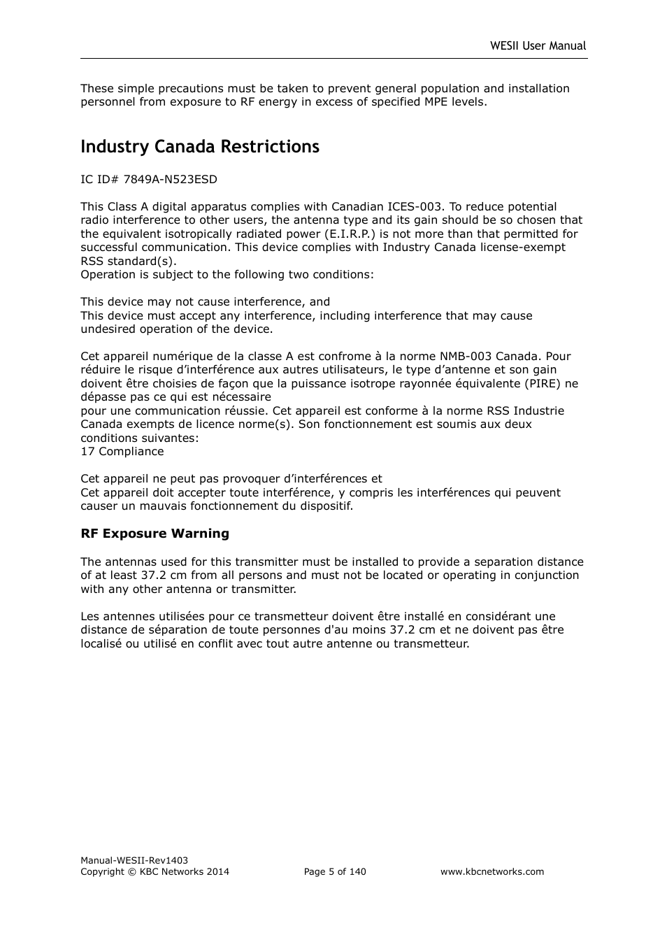 Industry canada restrictions | KBC Networks WESII User Manual | Page 6 / 141