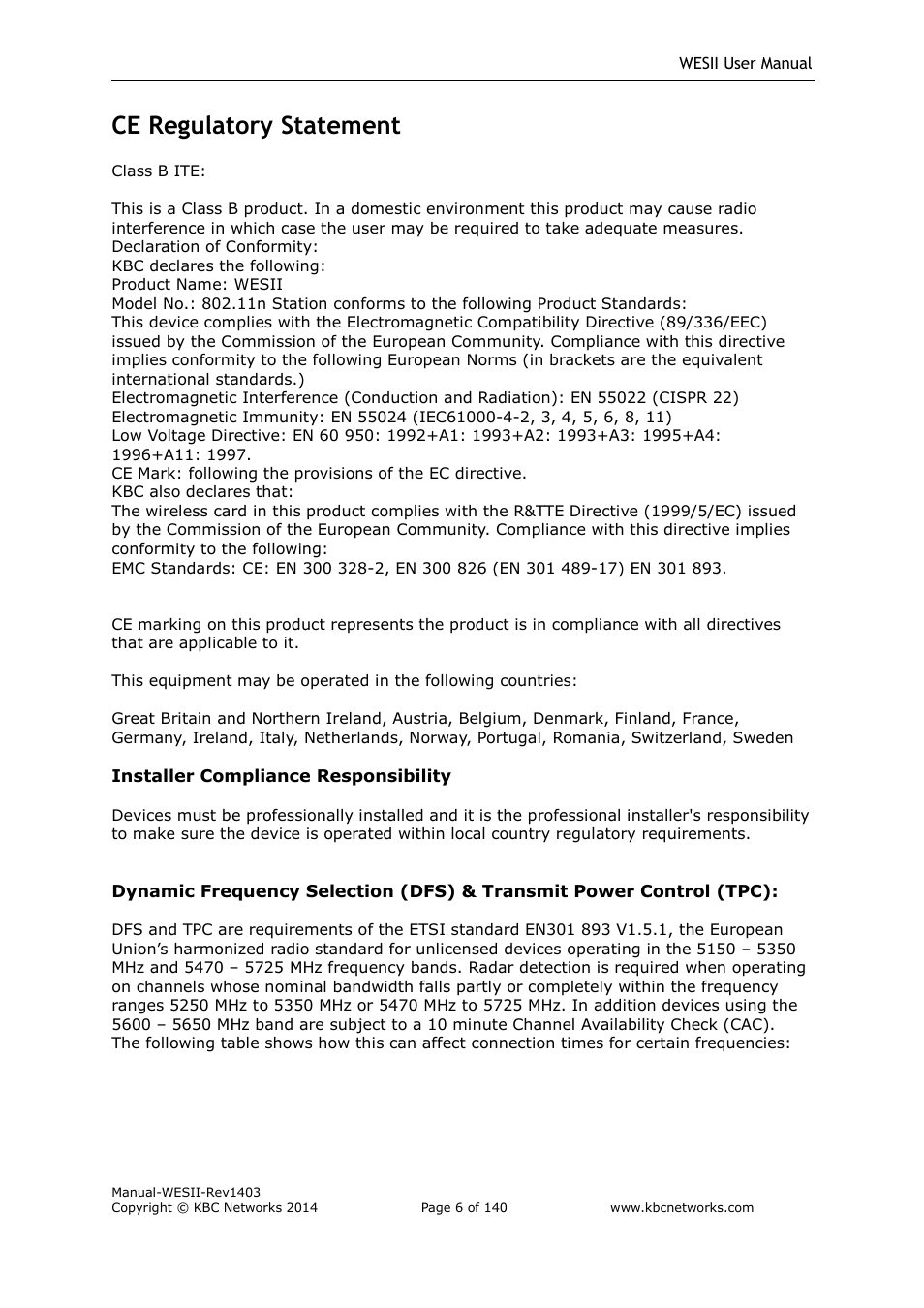 Ce regulatory statement | KBC Networks WESII User Manual | Page 7 / 141