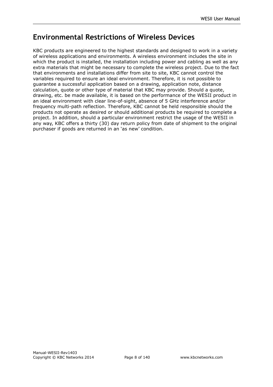 Environmental restrictions of wireless devices | KBC Networks WESII User Manual | Page 9 / 141