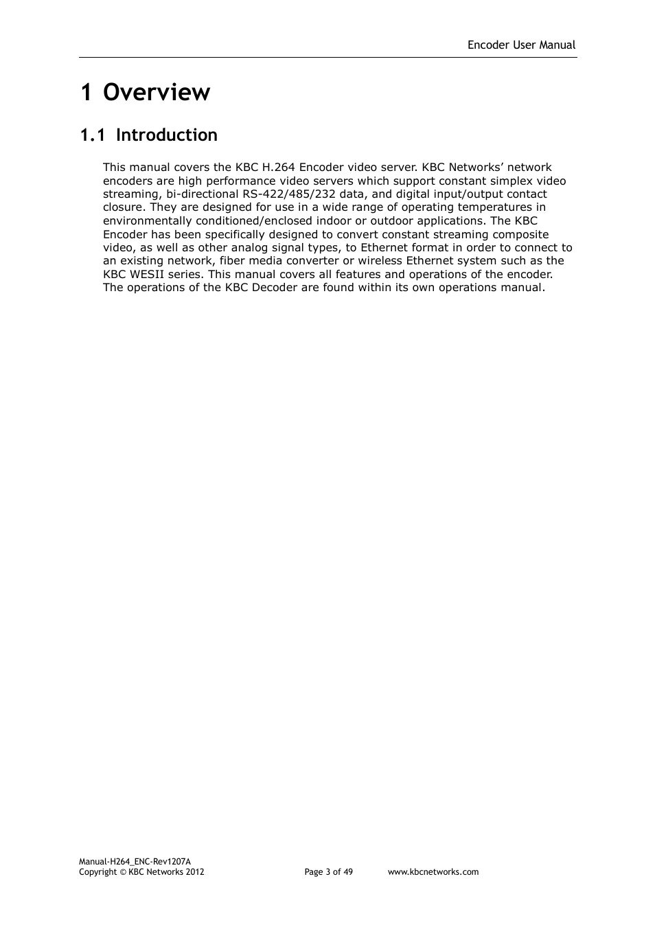 1 overview, 1 introduction | KBC Networks H.264 Encoder User Manual | Page 3 / 49