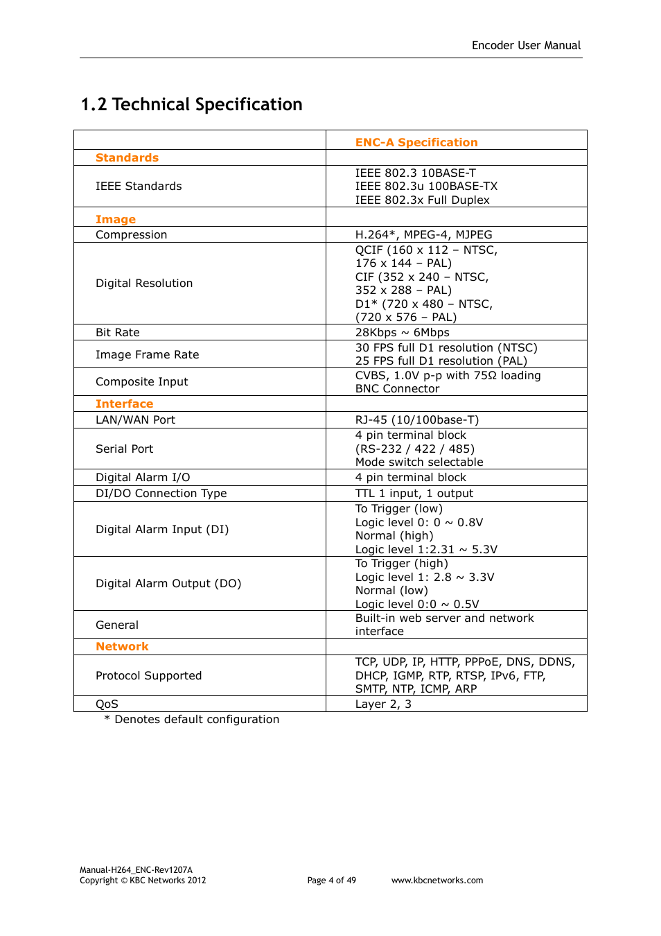 2 technical specification | KBC Networks H.264 Encoder User Manual | Page 4 / 49
