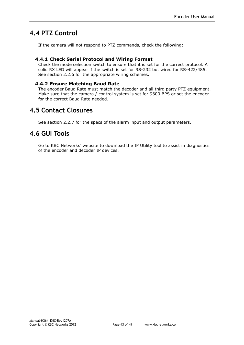 4 ptz control, 5 contact closures, 6 gui tools | KBC Networks H.264 Encoder User Manual | Page 43 / 49