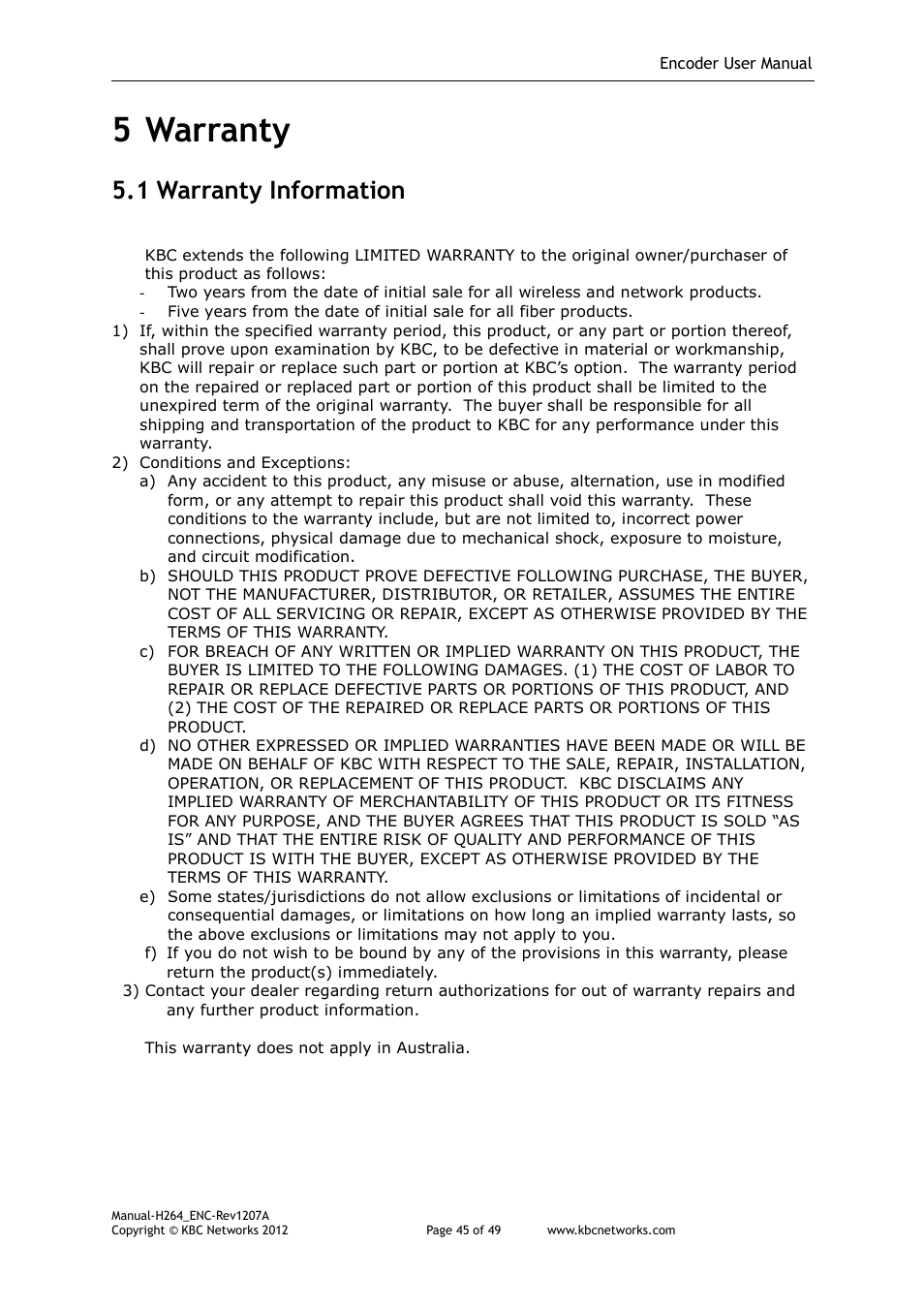 5 warranty, 1 warranty information | KBC Networks H.264 Encoder User Manual | Page 45 / 49