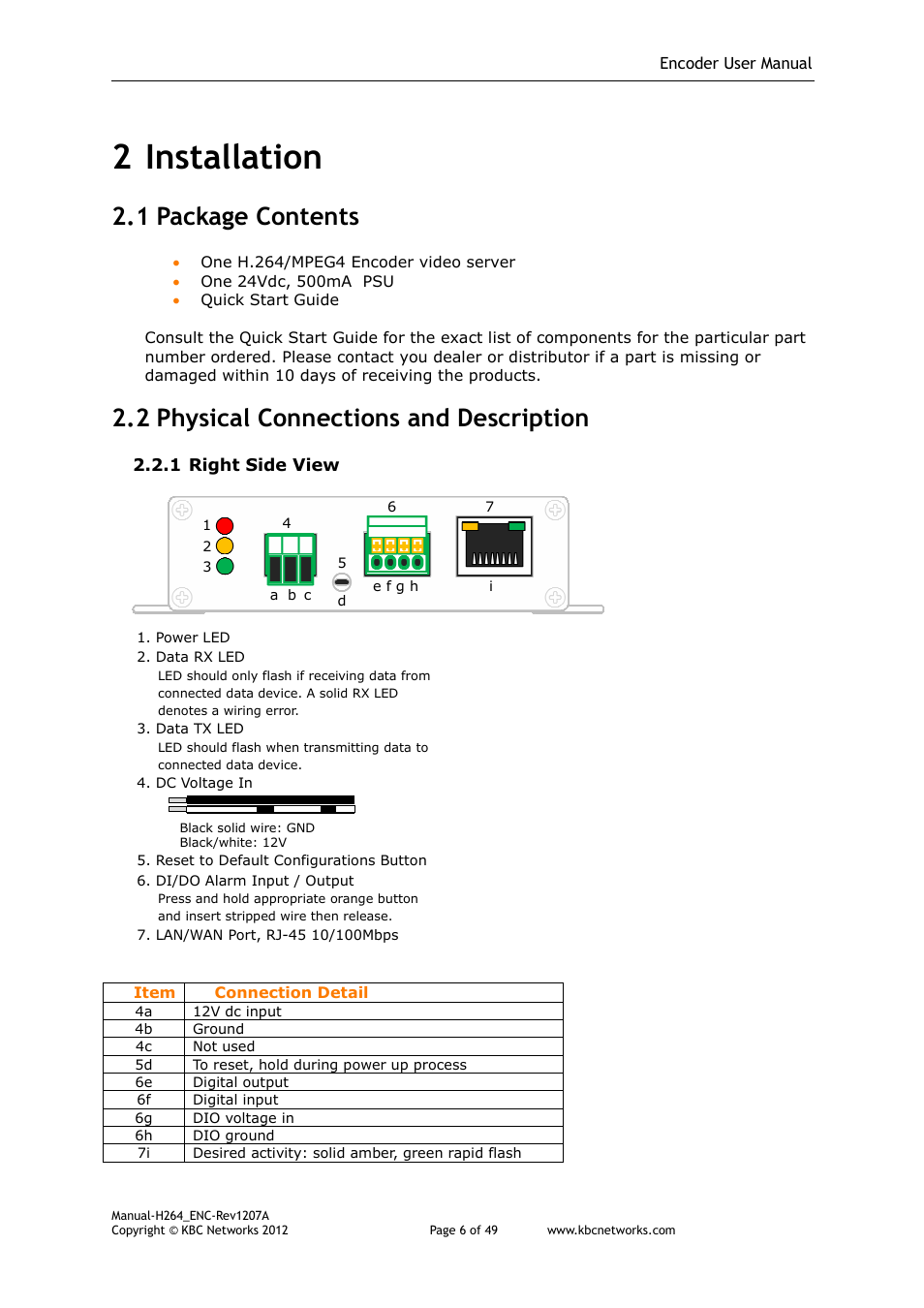 2 installation, 1 package contents, 2 physical connections and description | KBC Networks H.264 Encoder User Manual | Page 6 / 49