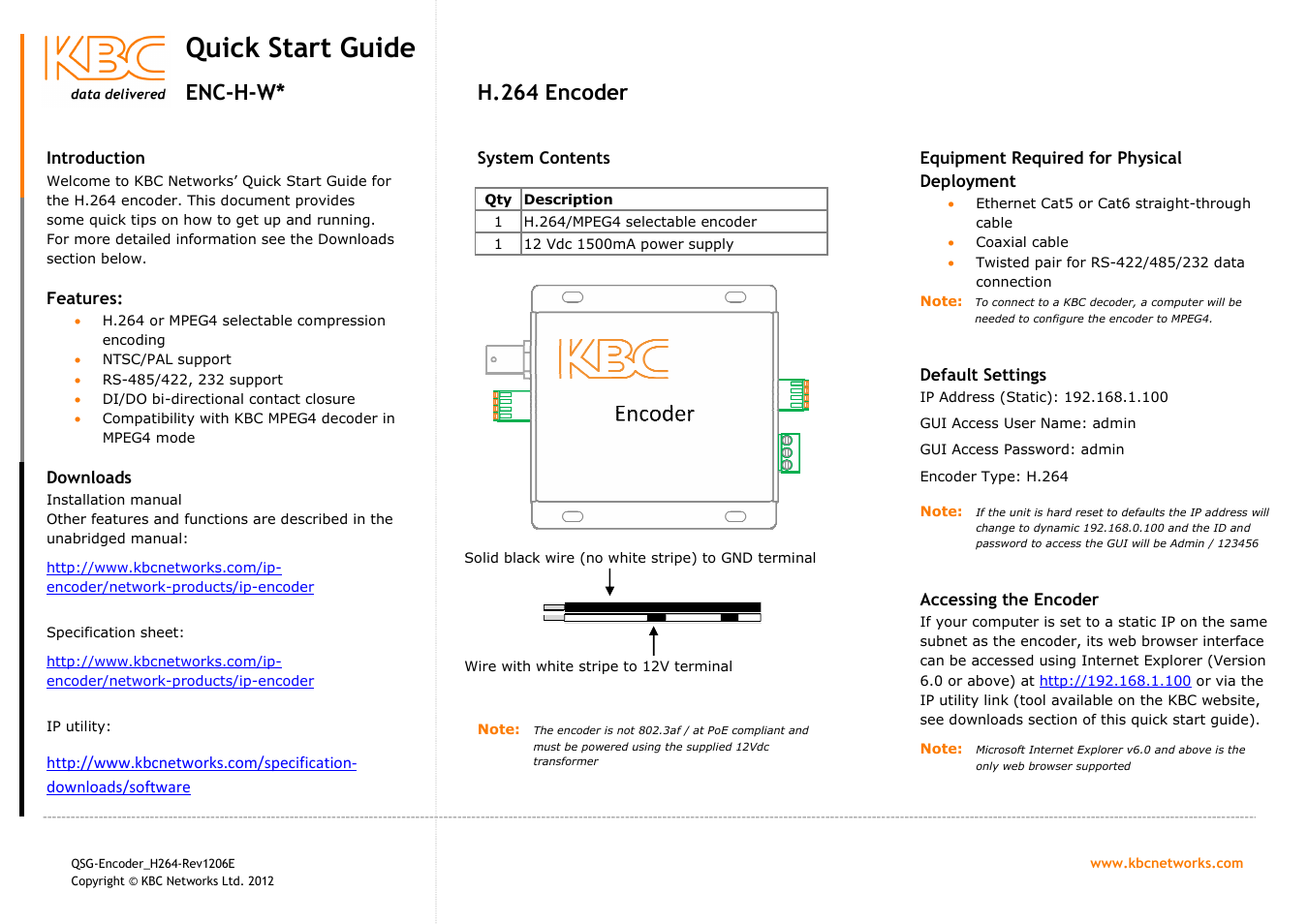 KBC Networks H.264 Encoder User Manual | 2 pages