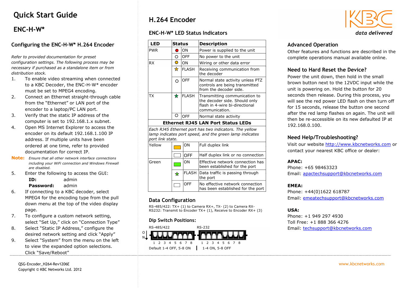 Quick start guide, Enc-h-w, H.264 encoder | KBC Networks H.264 Encoder User Manual | Page 2 / 2